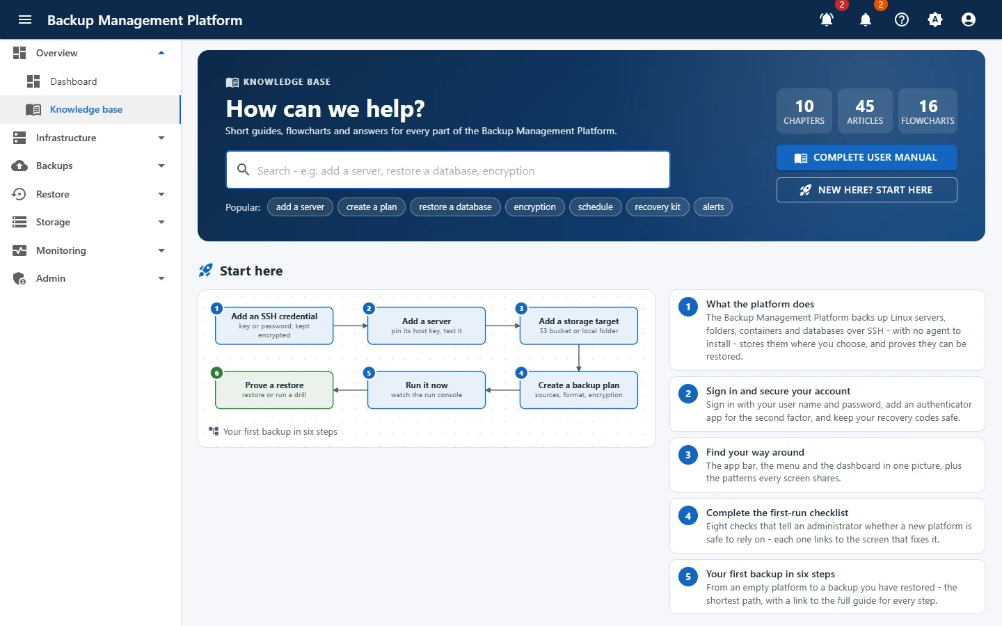 The knowledge base - search, chapters, the quick start and the complete manual