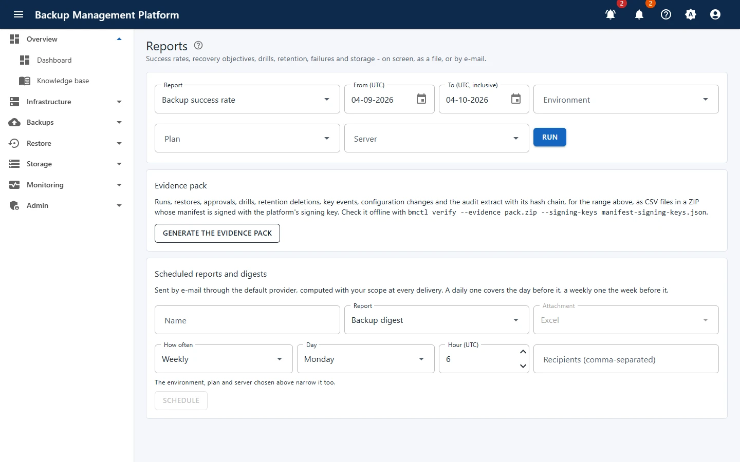 Monitoring › Reports - pick a report, a range and filters, then run or schedule it